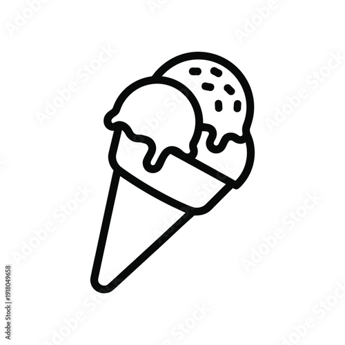 Delicious ice cream cone with two scoops of different flavors dripping with syrup