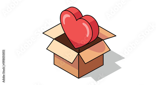 Red heart emerging from an open cardboard box, isometric illustration