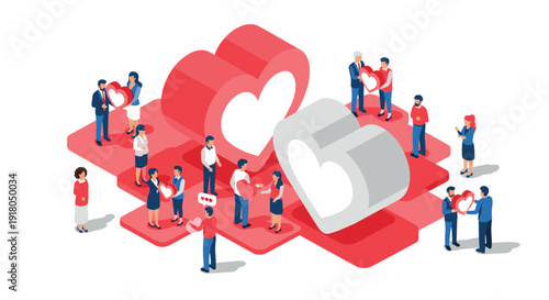 Diverse people exchange hearts in a stylized isometric representation of love and connection