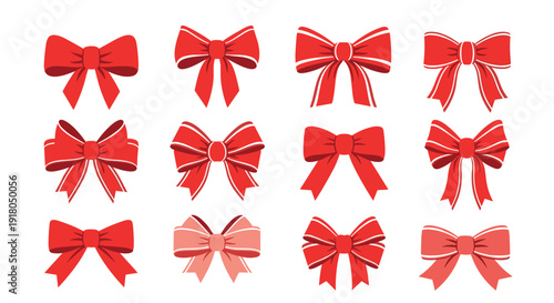 Collection of twelve decorative red bows for gift wrapping and celebrations