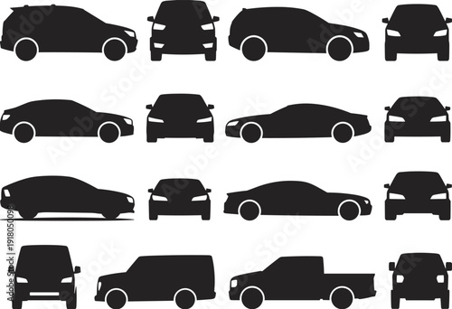 Black vehicle silhouettes collection, sedan SUV van pickup truck icons, automotive design shapes, transportation profiles, car outline grid illustration, stock