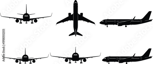 Commercial passenger aircraft silhouettes collection, multiple airplane angles representing modern aviation transportation, airline industry operations and global air travel logistics infrastructure