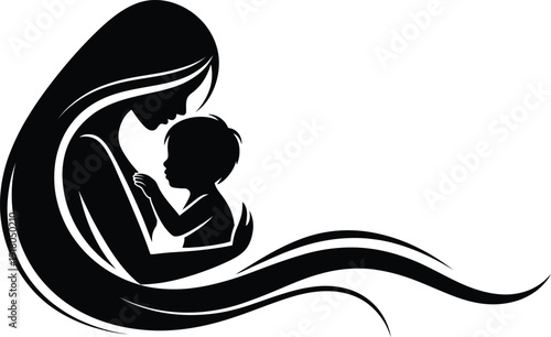 Artistic silhouette of a mother tenderly holding her infant child with flowing hair and wavy lines representing love and connection