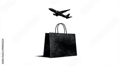 Luxury shopping bag silhouette with airplane flying above, representing international travel, global retail, and duty-free commerce.