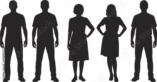 Silhouette people standing together, group diversity concept, anonymous figures illustration, teamwork unity design, gender balance representation, black silhouettes art