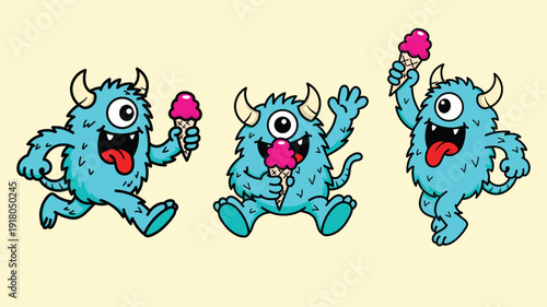 Set of blue furry monsters eating ice cream cones, cute cartoon having fun