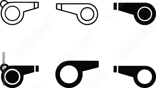 Collection of six different whistle icons representing various sports and refereeing activities for graphic design purposes