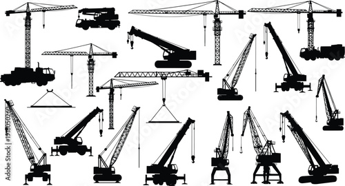 Construction and industrial crane machinery silhouette collection vector illustration, heavy lifting equipment for engineering, building site operations, logistics and manufacturing industry use
