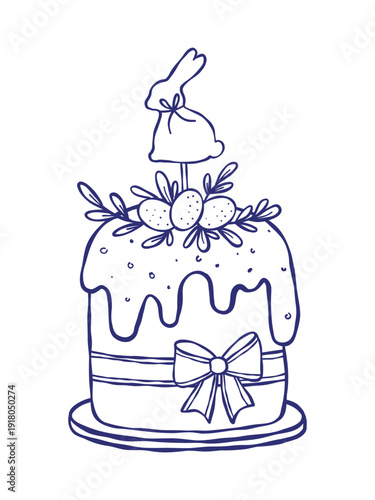 Easter cake doodle illustration. Vector hand drawn holiday pastry decorated with eggs and bunny silhouette. Spring celebration food, festive cake