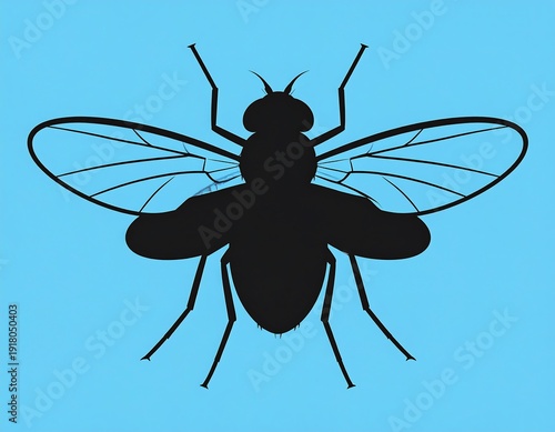 Black fly silhouette against a bright blue background. Wings displayed. Legs and antennae visible