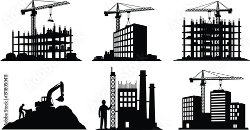 Construction building development with tower cranes, excavator and industrial structures silhouettes set, urban construction and engineering vector illustration isolated on white background