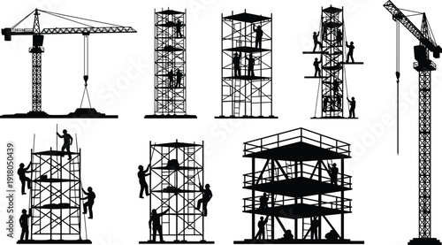 Construction crane and scaffolding worker silhouettes set, industrial building site equipment vector illustration, engineering development concept, isolated on white background for commercial use