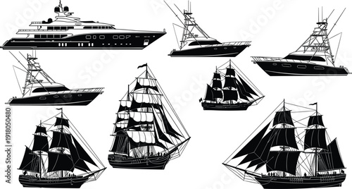 Silhouette Collection of Luxury Yachts, Modern Fishing Boats, and Classic Multi-Mast Sailing Ships Isolated on White Background for Marine Design