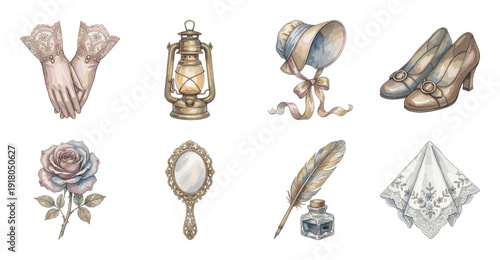 Vintage Victorian Accessories Collection Watercolor Vector Illustration