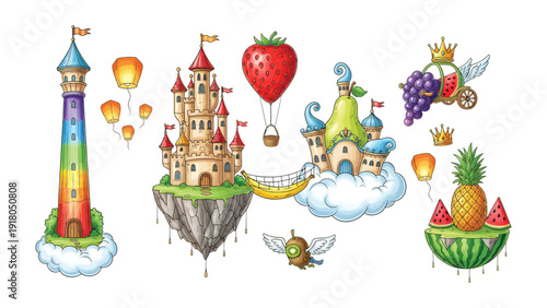 Whimsical Fantasy Island: A captivating illustration showcases a vibrant world, filled with charming castles, floating islands, and a whimsical ensemble of surreal elements, where dreams come alive.
