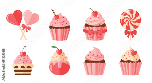 Birthday collection of decorated cupcakes and sweet pink heart-shaped lollipops