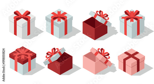 Collection of isometric gift boxes with red ribbons and bows, some open and closed