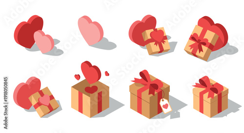 Isometric heart and gift box icons with ribbons and tags for Valentine designs and romantic messages