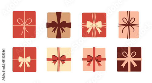 Set of wrapped gift boxes with ribbons and bows