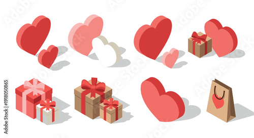 Isometric heart and gift box icons with ribbons for Valentine designs and romantic messages