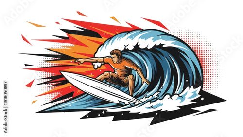 Surfer riding ocean wave illustration isolated white background design