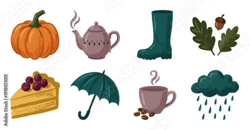 Autumn Lifestyle Icon Set with Pumpkin and Tea