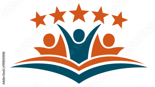 Education Success Logo with Happy People, Stars, and Open Book Icon. Concept of Learning, Achievement, Community, and Excellence