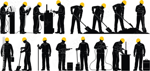 Silhouette Collection of Industrial Workers Wearing Yellow Hard Hats Including Welders, Digging Laborers with Shovels, and Technicians Using Power Tools, SEO