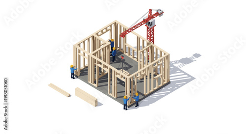 3D Model of Wooden House Frame Under Construction.