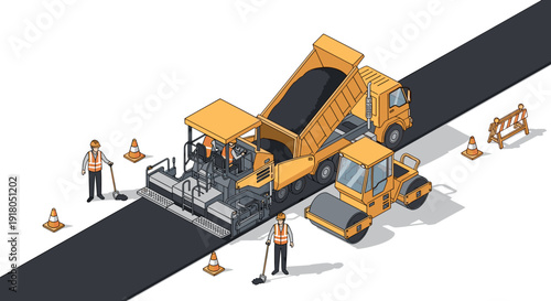 Asphalt Paver Machine Road Construction Scene.