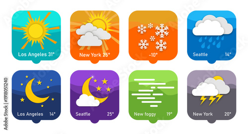 Set of eight colorful weather icons showing sun, clouds, rain, snow, moon, lightning and city temperatures