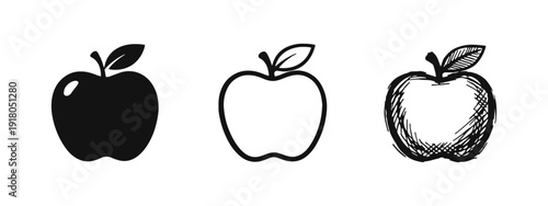 Apple Icon Set: Solid, Outline, and Hand-Drawn Sketch Styles Representing Healthy Fruit