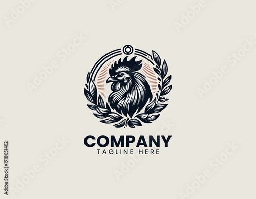 Rooster's head in detail, framed with decorative leaves and circular elements black vector logo illustration white background
