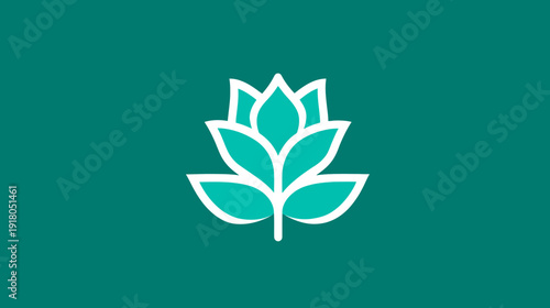 Minimalist Stylized White Lotus Flower Icon. Elegant Modern Floral Vector Graphic on Teal Background for Nature, Beauty, Wellness