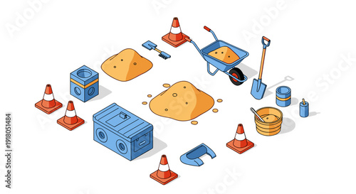 Construction Equipment and Tools Isometric View.