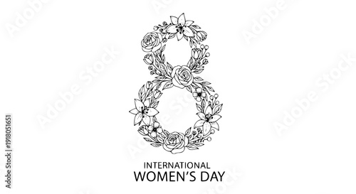 Elegant number 8 made of flowers and leaves, black and white vector illustration, minimalist line art, white background, International Women’s Day concept, editable typography composition