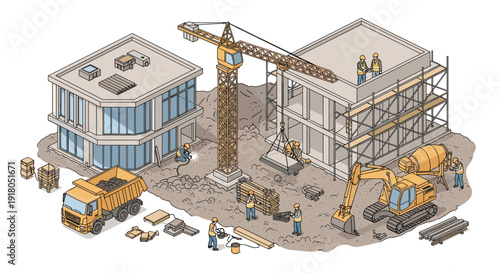 Construction Site with Crane and Buildings.