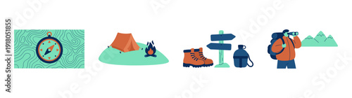 Flat Vector Hiking and Wilderness Camping Graphic Set for Outdoor Adventure Tourism