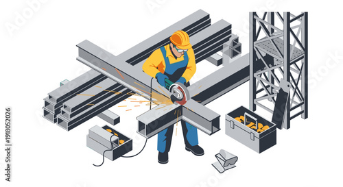 Construction Worker Assembling Metal Structure.