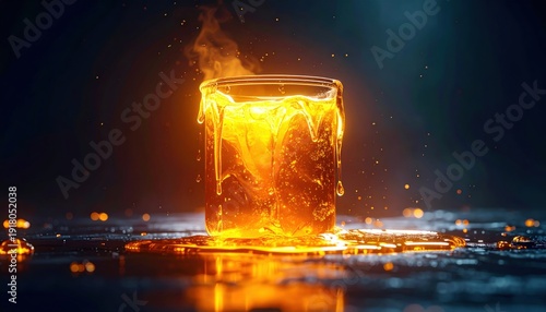 A FlyPro Firefly photorealistic DSLR style capture of a dramatic, amber-colored, gelatinous substance slowly oozing from a ruptured containment vessel.