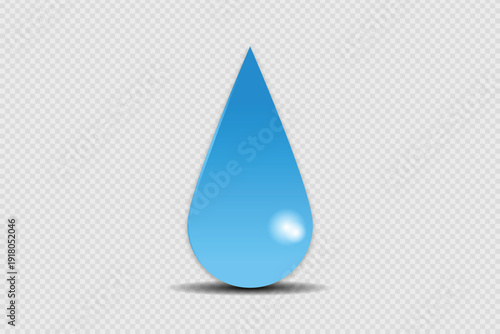 Glossy blue water droplet with white highlight isolated on transparent background symbolizing hydration and cleanliness
