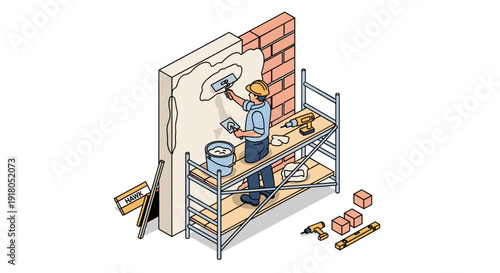 Construction Worker Building Brick Wall Illustration.