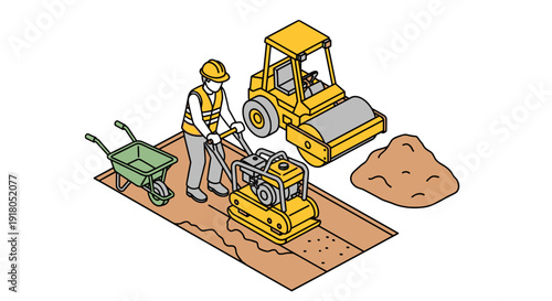 Construction Worker Operating Road Roller Machine.