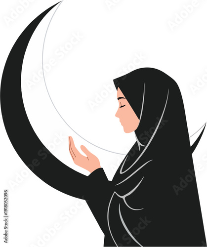 Muslim woman in hijab praying with crescent moon background
