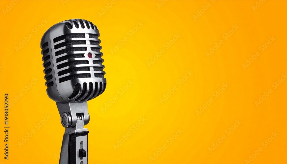 Fototapeta premium Retro Classic Silver Microphone on Vibrant Yellow Background