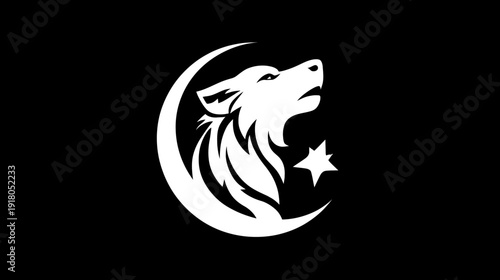Powerful white wolf howling silhouette with crescent moon and star on black background, mystic animal symbol graphic emblem