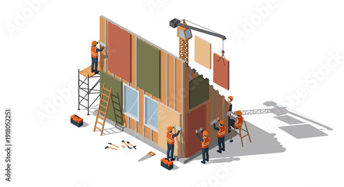 Construction Workers Building House Structure.