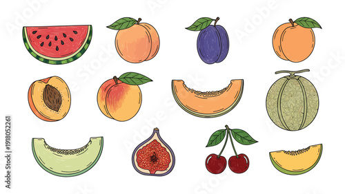 A medley of hand-drawn fruit icons. A colorful assortment of fresh fruit illustrations, perfect for any food-related design or culinary project.