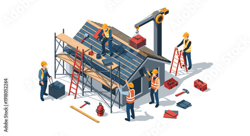 Construction Workers Building Roof with Crane.