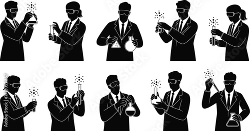 Professional Laboratory Scientist Silhouette Set Featuring Male And Female Chemists Holding Flasks And Test Tubes For Medical Research Science Education And Pharmacy